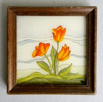Lalele - Miniatura originala pictura ulei pe sticla 10x10cm foto
