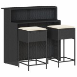 Set mobilier bar de gradina cu perne, 3 piese, negru, poliratan