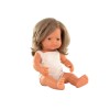 Papusa 38 cm, fetita europeana cu par blond inchis, imbracata in salopeta, MINILAND