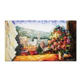 Tablou pictat manual, Te astept cu un buchet de trandafiri - 120x70cm pictura in cutit pe panza, efect 3D