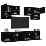 VidaXL Set comode TV de perete, 6 piese, cu lumini LED, negru