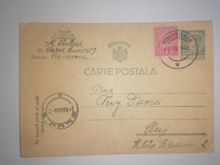 CARTE POSTALA - ROMANIA - STAMPILA CLUJ / SIGHISOARA 1948