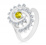 Inel lucios cu spirală decorativă, bordură zirconii, zircon galben-verde - Marime inel: 52