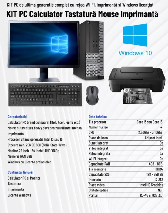 KIT PC: monitor, tastatură, mouse și imprimantă