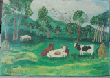 Tablou peisaj cu animale semnat C . A. 1961., Peisaje, Ulei, Realism