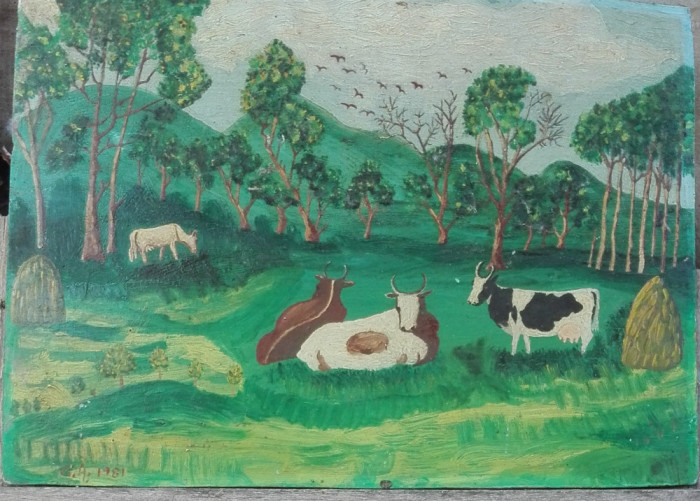 Tablou peisaj cu animale semnat C . A. 1961.