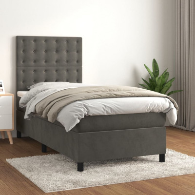 vidaXL Pat box spring cu saltea, gri &amp;icirc;nchis, 90x190 cm, catifea foto