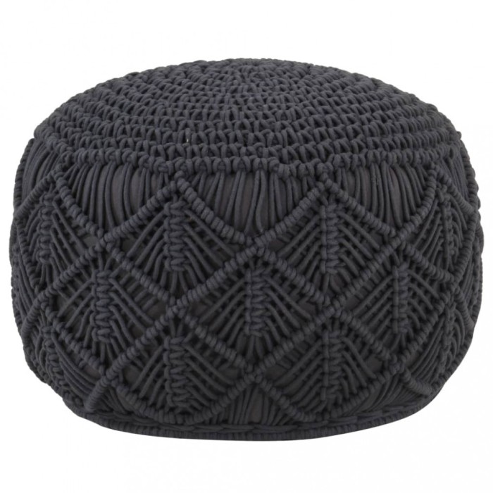 Taburet puf macrame lucrat manual, antracit, 45x30 cm, bumbac
