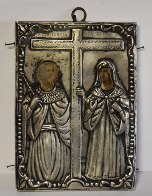 Icoana cu ferecatura / riza din argint Sf. Imparati Constantin si Elena 1906 foto