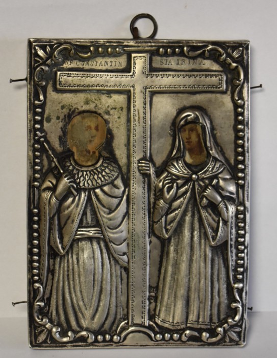 Icoana cu ferecatura / riza din argint Sf. Imparati Constantin si Elena 1906