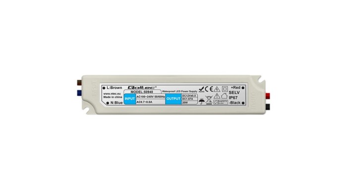 Driver LED Qoltec IP67 20W | 12V | 1.6A | Impermeabil | Alb