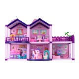Casa de papusi din plastic complet utilata si mobilata, cu ponei, 58.5 cm x 22.5 cm violet