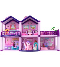 Casa de papusi din plastic complet utilata si mobilata, cu ponei, 58.5 cm x 22.5 cm violet
