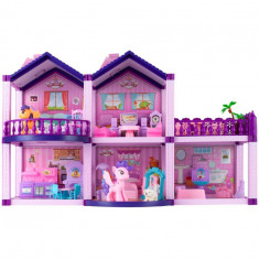 Casa de papusi din plastic complet utilata si mobilata, cu ponei, 58.5 cm x 22.5 cm violet