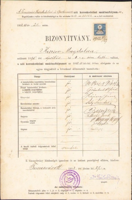 A1837 Certificat școlar, 1913, Timișoara