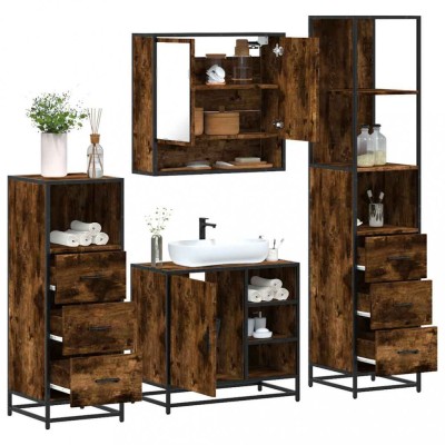 Set de mobilier de baie 4 piese Lemn prelucrat de stejar afumat foto