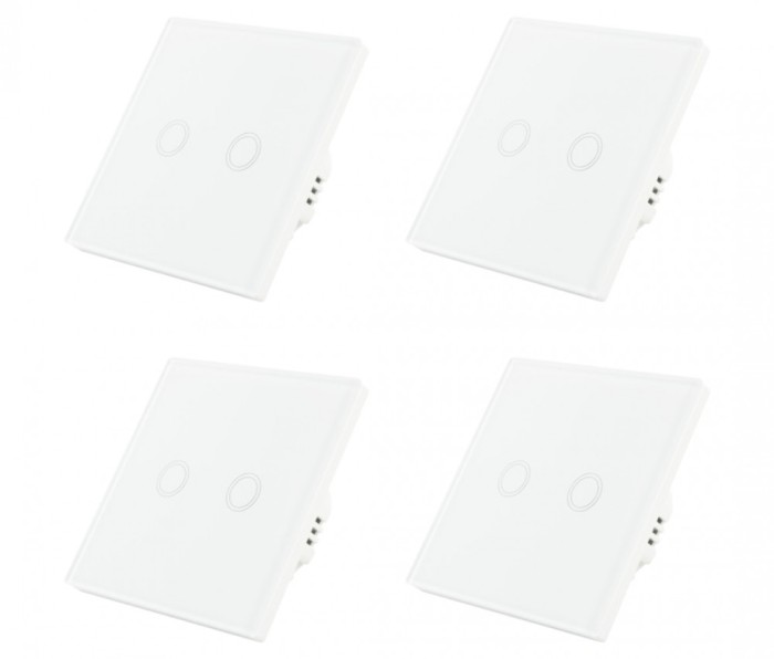 Set 4 Intrerupatoare duble cu touch Brius&trade;, cu nul, sticla securizata, ignifug, indicator LED noapte/zi, rezistent la zgarieturi si anti-amprente, ide