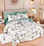 Cumpara ieftin Lenjerie pat dublu,bumbac finet,6 piese,cearceaf cu elastic,alba verde cu flori-A888, Jojo Home
