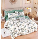 Lenjerie pat dublu,bumbac finet,6 piese,cearceaf cu elastic,alba verde cu flori-A888