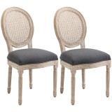HOMCOM Set 2 Scaune de Dining Vintage, Material cu Efect de In, Spătar din Ratan Perforat, Picioare din Lemn, Gri | Aosom Romania