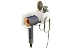 Suport uscător de păr, 2 compartimente de depozitare, autoadeziv, plastic, alb, 23x8.6x9.5 cm