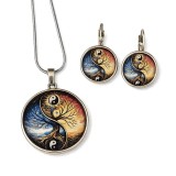 Set bijuterii Yin Yang si Pomul Vietii argintiu cu cabochon de sticla 204800