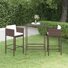 Set mobilier bar de gradina, cu perne, 3 piese, maro, poliratan