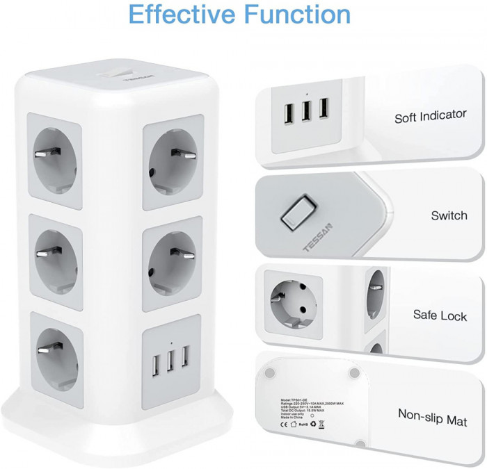 Prelungitor tip Turn Tessan TPS01, 11 prize, 3 USB 3.1A, cablu 2m, protectie la suprasarcina - Alb