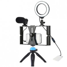 Kit vlogging profesional,trepied,suport telefon,microfon,mini ring light LED