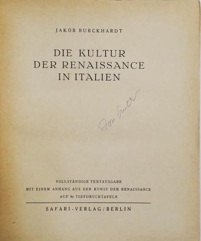 DIE KULTUR DER RENAISSANCE IN ITALIEN von JAKOB BURCKHARDT , 1941