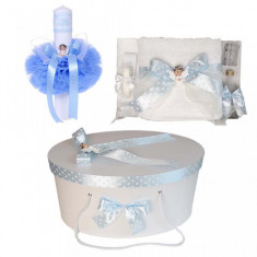 Set trusou botez, cutie trusou si lumanare, Ingeras, fundita bleu, Denikos® 12