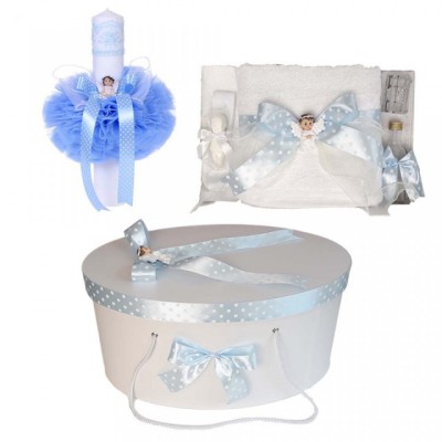 Set trusou botez, cutie trusou si lumanare, Ingeras, fundita bleu, Denikos&amp;reg; 12 foto