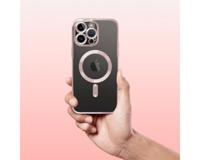 Husa Luxury MagSafe compatibila cu iPhone 15 Plus, Full protection, Margini colorate, Rose Gold foto