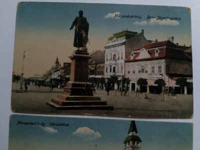 Doua cărți poștale T&amp;acirc;rgu Mureș, Statuia Bem Jozsef și Primaria foto