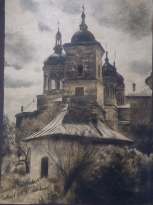 Tuș/ vechi Biserica Radu--Voda Bucharest 1918 / semnat .passepartout.Redus foto