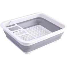 Uscator pliabil pentru vase si tacamuri, din silicon, cu 4 compartimente pentru tacamuri, dimensiuni 38 X 29.3 X 4.7 cm, gri/alb