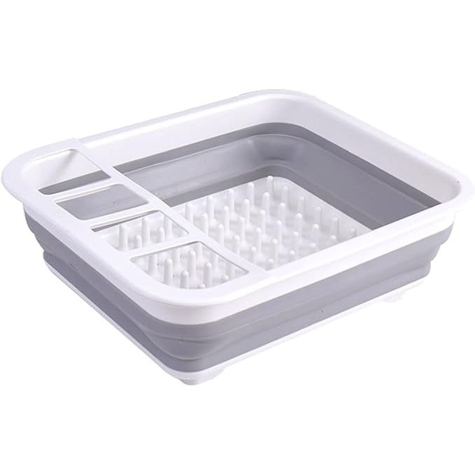 Uscator pliabil pentru vase si tacamuri, din silicon, cu 4 compartimente pentru tacamuri, dimensiuni 38 X 29.3 X 4.7 cm, gri/alb