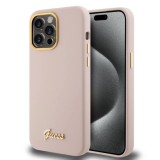 Husa pentru iPhone 15 Pro Max - Guess Silicone Script Metal Logo &amp; Frame (GUHCP15XSMBSLP) - Light Pink