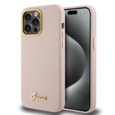Husa pentru iPhone 15 Pro Max - Guess Silicone Script Metal Logo &amp; Frame (GUHCP15XSMBSLP) - Light Pink