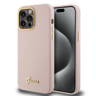 Husa pentru iPhone 15 Pro - Guess Silicone Script Metal Logo &amp;amp; Frame (GUHCP15LSMBSLP) - Light Pink foto