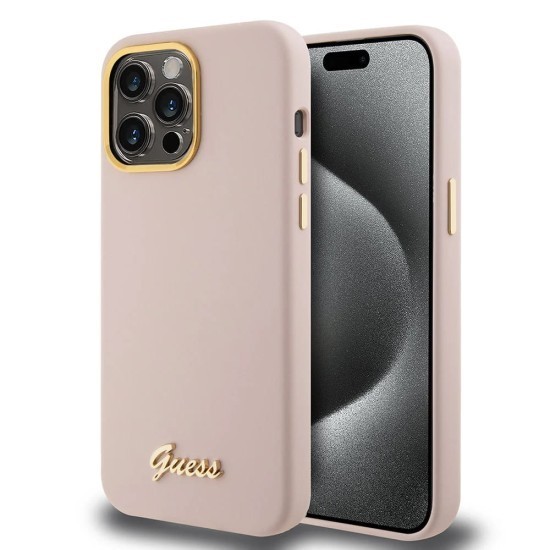 Husa pentru iPhone 15 Pro - Guess Silicone Script Metal Logo &amp; Frame (GUHCP15LSMBSLP) - Light Pink