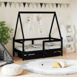 Cadru de pat copii cu sertare, negru, 70x140 cm, lemn masiv pin