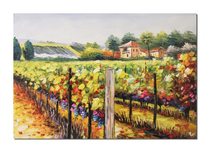 Tablou peisaj podgorie, vita de vie, pictat manual, Colt de rai, 100x70cm ulei pe panza in cutit efect 3D