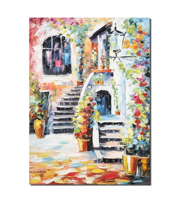 Tablou pictat manual, Acasa in curte, 70x50cm ulei pe panza in cutit efect 3D
