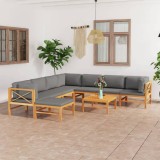 Cumpara ieftin Set mobilier grădină cu perne gri, 9 piese, lemn masiv de tec
