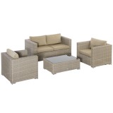 Cumpara ieftin Outsunny Set Mobilier de Grădină Ratan 4 Piese, Canapea, Fotolii, Măsuță, Perne Detașabile Lavabile, Kaki Bej | Aosom Romania