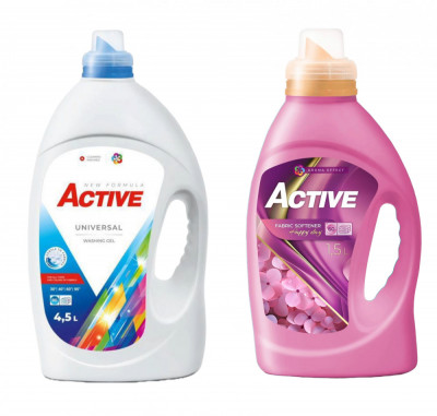 Detergent Universal de rufe lichid Active, 4.5 litri, 90 spalari + Balsam de rufe Active Happy Day, 1.5 litri, 60 spalari foto