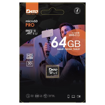 Dato - Memory Card Pro (DTTF064GUIC10) - Micro SDXC, 64GB, Class 10, Read up to 80MB/s, Write up to 10MB/s - Black foto