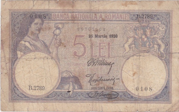ROMANIA 5 LEI 1920 Uzata