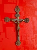 H508-Aplica Crucifix IISUS HRISTOS INRI Souvenir de Mission bronz probabil secol 19, anii 1800 probabil sfarsit stare foarte buna in patina timpului.